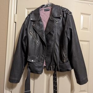Dolls Kill Current Mood Black Leather Jacket with Pink Lining